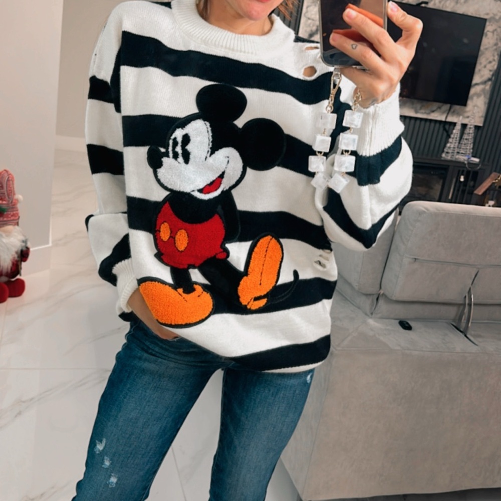 Striped Black and White Sweater with Cartoon Design